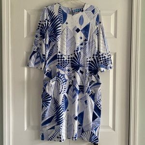 J. McLaughlin Catalyst Dress in Blue and White Palm Leaf Print - Size Large